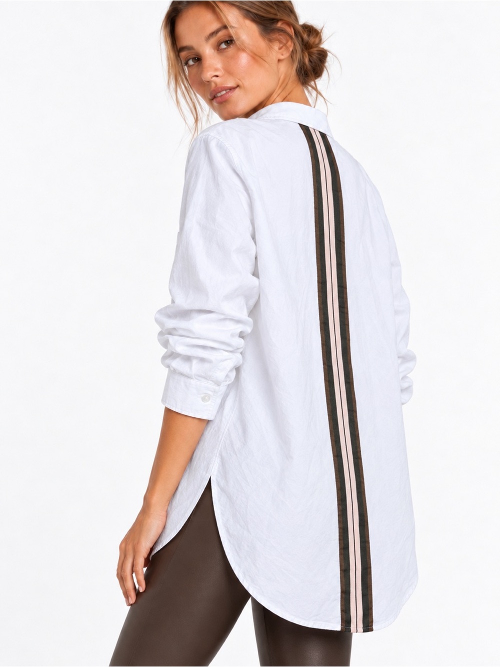 ATHLETA Marinwood White Back Stripe Button-Up Shirt S NWOT Fall Luxury